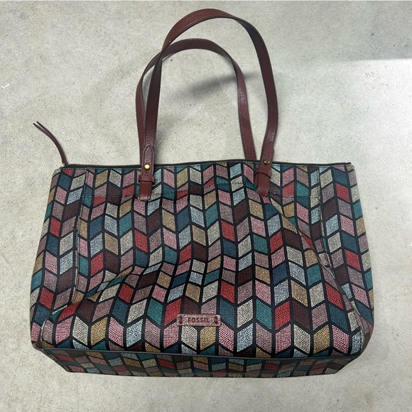 Fossil Women's Rachel Large Tote Bag Multicolor Chevron Zipper Top - Picture 5 of 14